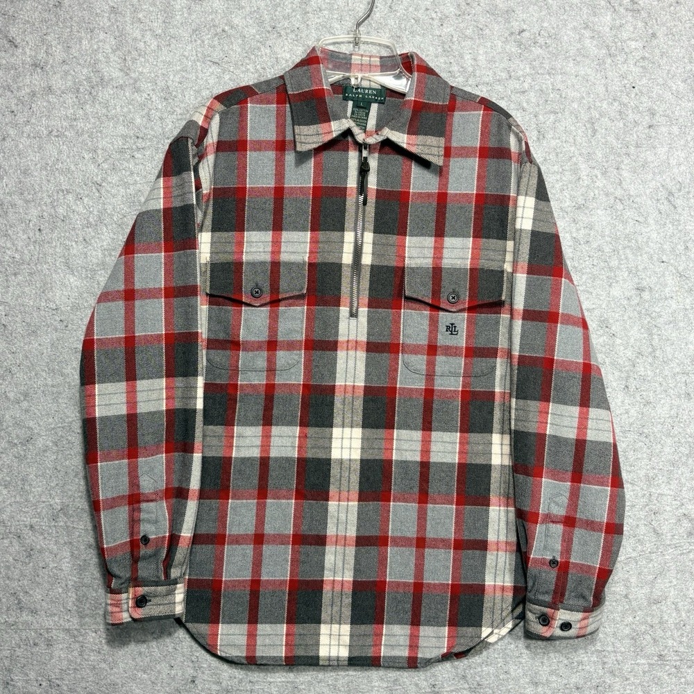 Lauren Ralph Lauren Plaid Flannel Shirt Womens L 1/4 Zip Cotton Overshirt Cozy